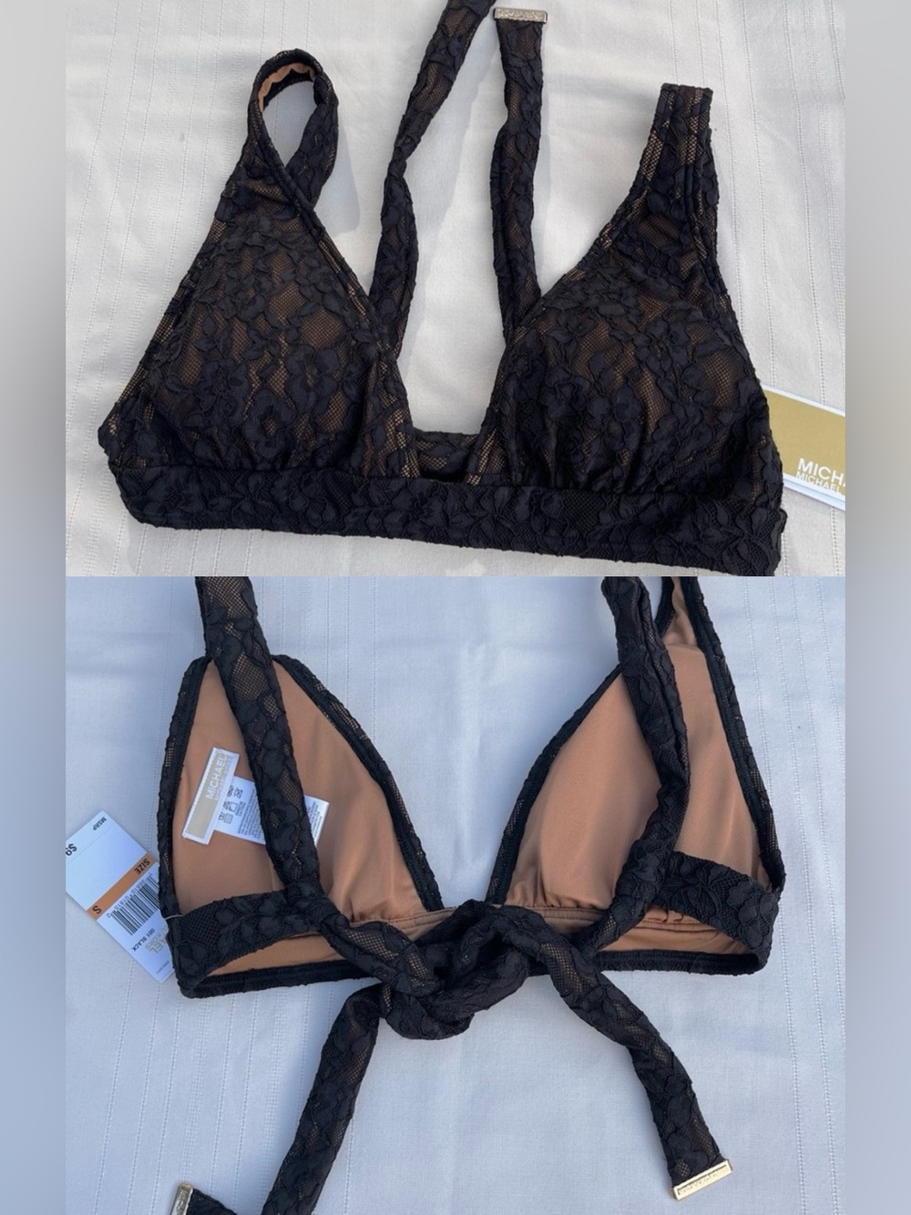 Michael Kors Black Lace Triangle Bikini Tie Back Top